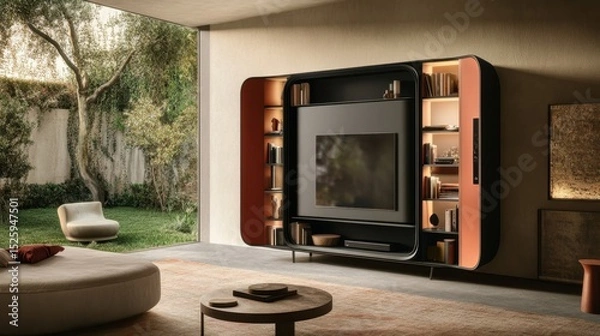 Fototapeta Wall-mounted TV cabinet leaving floor open for comfortable movement