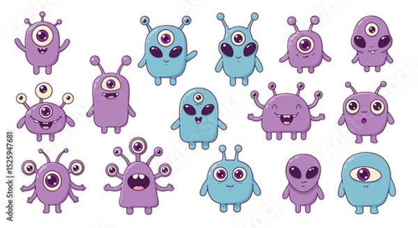 Fototapeta  cute kawaii alien characters, with big eyes, pastel colors, and expressive faces. Each alien has a unique shape—some with antennae, others with multiple arms or eyes. Set against a white background, 