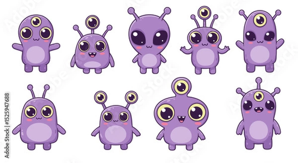 Fototapeta  cute kawaii alien characters, with big eyes, pastel colors, and expressive faces. Each alien has a unique shape—some with antennae, others with multiple arms or eyes. Set against a white background, 