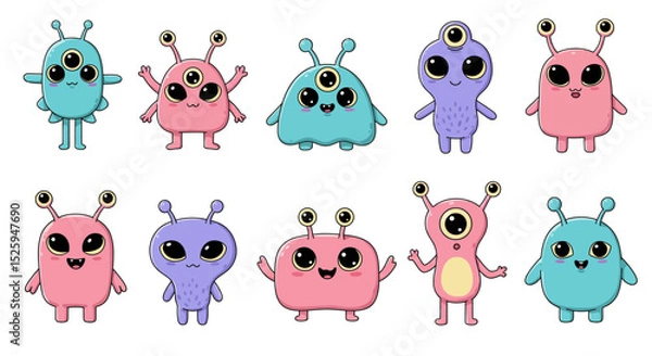 Fototapeta  cute kawaii alien characters, with big eyes, pastel colors, and expressive faces. Each alien has a unique shape—some with antennae, others with multiple arms or eyes. Set against a white background, 