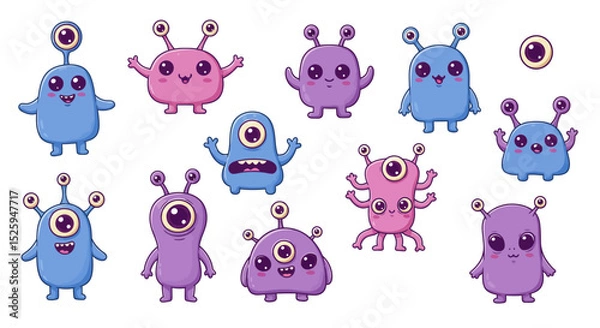 Fototapeta  cute kawaii alien characters, with big eyes, pastel colors, and expressive faces. Each alien has a unique shape—some with antennae, others with multiple arms or eyes. Set against a white background, 