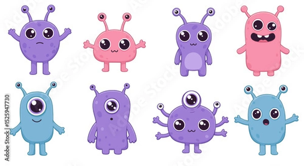 Fototapeta  cute kawaii alien characters, with big eyes, pastel colors, and expressive faces. Each alien has a unique shape—some with antennae, others with multiple arms or eyes. Set against a white background, 