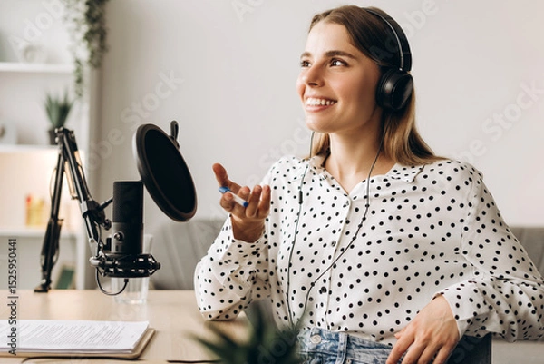 Obraz Radio host speaking with microphone and headphones in radio station