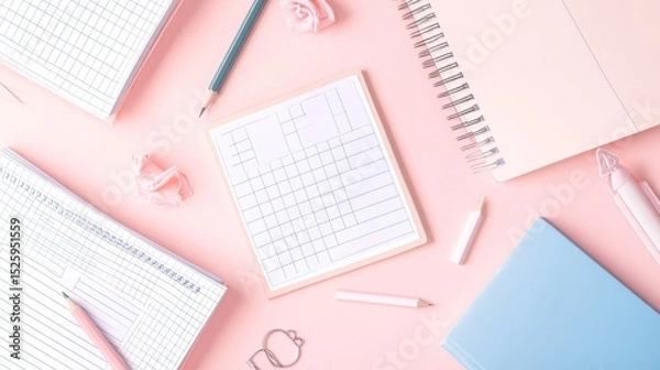 Fototapeta Professional planning supplies composition, daily task notepad with square boxes, reading book with linear text pattern, basic writing pencil, mathematical grid paper, soft rose background, clean