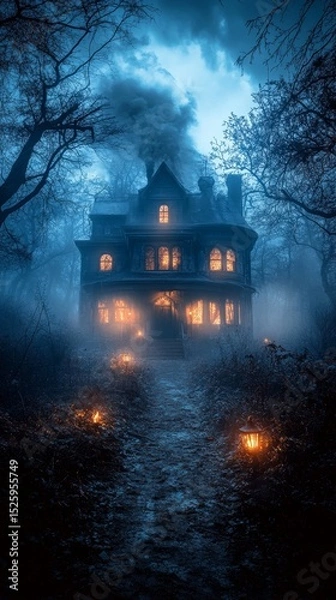 Obraz Haunted house, creating a spooky and atmospheric scene with eerie lighting and mysterious surroundings, Generative AI