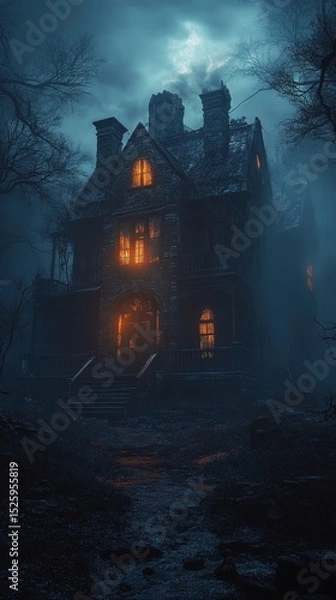 Obraz Haunted house, creating a spooky and atmospheric scene with eerie lighting and mysterious surroundings, Generative AI