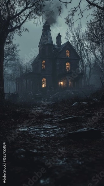 Obraz Haunted house, creating a spooky and atmospheric scene with eerie lighting and mysterious surroundings, Generative AI