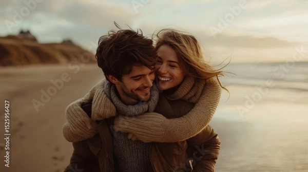 Obraz Man giving piggyback ride to girlfriend on beach, sharing a playful and affectionate moment while enjoying the sand and sea, Generative AI