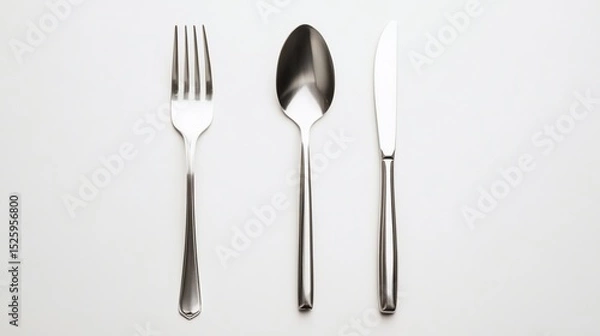 Fototapeta Elegant silverware trio: Knife, spoon and fork isolated on a white backdrop