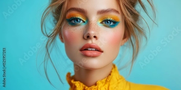 Obraz Stylish female model with vibrant makeup, showcasing bold fashion and striking colors in a confident and artistic studio portrait, Generative AI
