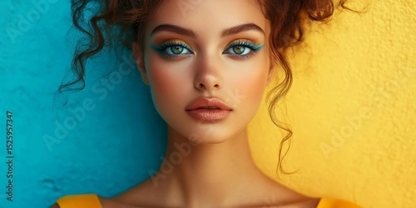 Obraz Stylish female model with vibrant makeup, showcasing bold fashion and striking colors in a confident and artistic studio portrait, Generative AI