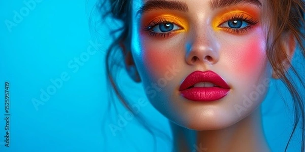 Obraz Stylish female model with vibrant makeup, showcasing bold fashion and striking colors in a confident and artistic studio portrait, Generative AI