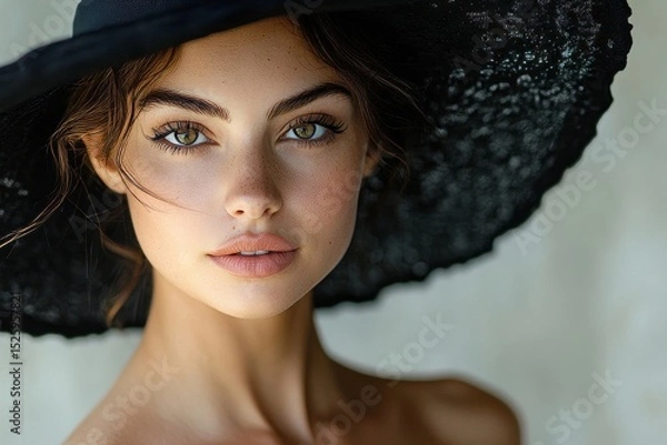 Obraz Elegant beautiful woman in a black dress and hat, exuding sophistication and confidence while attending a formal event or gathering, Generative AI