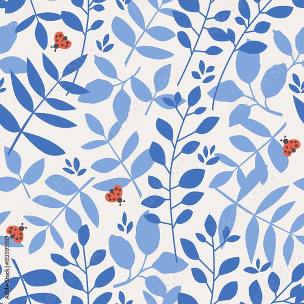 Fototapeta seamless pattern with different leaves and ladybugs