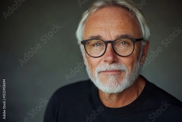 Obraz Handsome senior man with glasses looking at camera, radiating wisdom and confidence in a charming and dignified portrait, Generative AI