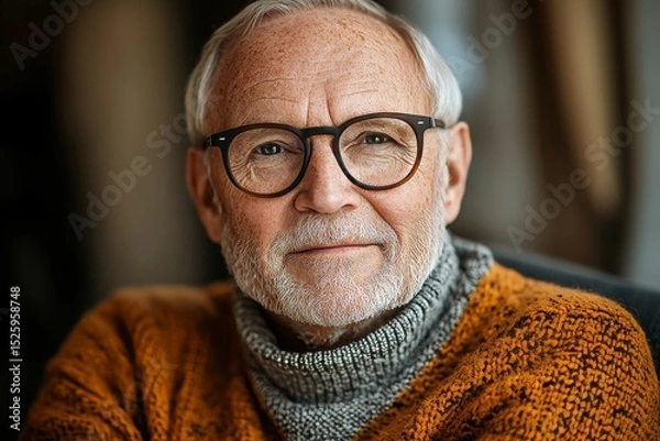 Obraz Handsome senior man with glasses looking at camera, radiating wisdom and confidence in a charming and dignified portrait, Generative AI