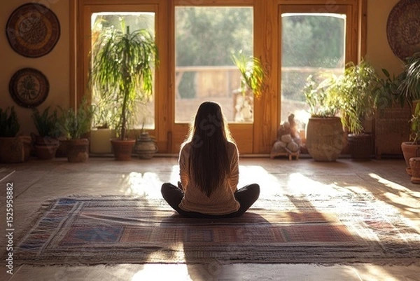 Obraz Exercise mat on floor with woman doing yoga, practicing mindfulness and flexibility in a calm and serene environment, Generative AI