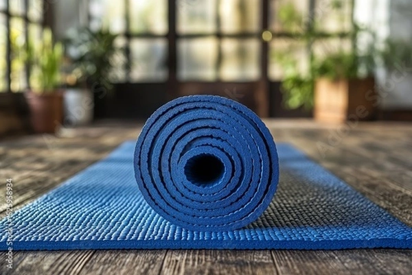 Obraz Exercise mat on floor with woman doing yoga, practicing mindfulness and flexibility in a calm and serene environment, Generative AI