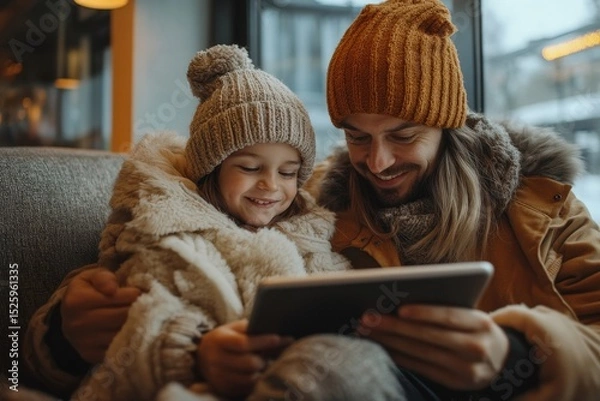Obraz Family waiting at airport lounge using digital tablet, staying entertained and connected while waiting for their flight, Generative AI