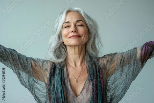 Obraz Beautiful aging woman celebrating her body, embracing the wisdom and beauty that comes with age in a confident and radiant pose, Generative AI