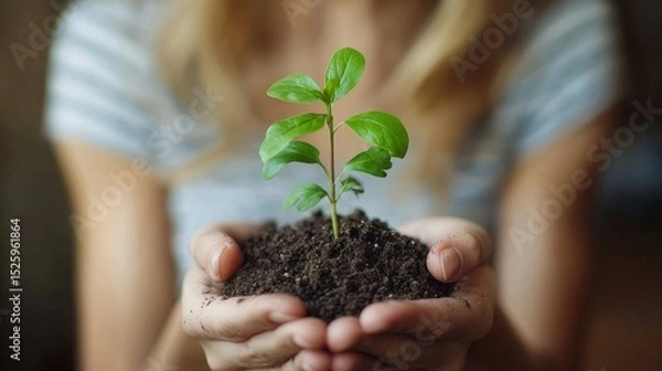 Obraz Unrecognizable woman holding a green seedling growing in soil, symbolizing growth, renewal, and environmental consciousness, Generative AI