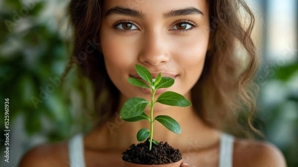 Obraz Unrecognizable woman holding a green seedling growing in soil, symbolizing growth, renewal, and environmental consciousness, Generative AI