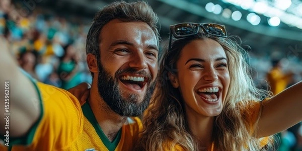 Obraz Couple cheering at a live soccer match, passionately supporting their team with joy and excitement in the stands during a thrilling game, Generative AI