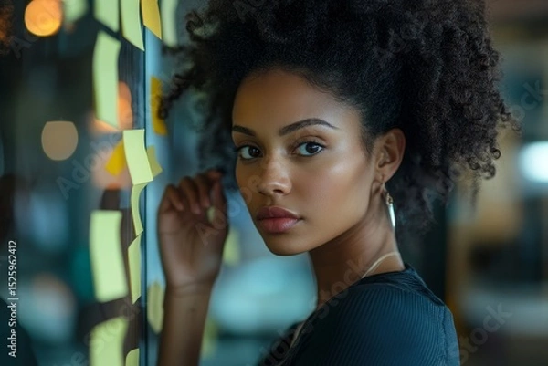 Obraz Focused young businesswoman sticking adhesive notes to a glass wall, organizing her thoughts and ideas in a collaborative and creative office environment, Generative AI