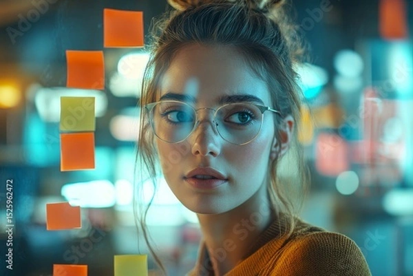 Obraz Focused young businesswoman sticking adhesive notes to a glass wall, organizing her thoughts and ideas in a collaborative and creative office environment, Generative AI
