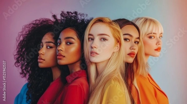 Fototapeta Diverse female models standing back to back, showcasing different ethnicities and body types in a powerful and inclusive pose, Generative AI