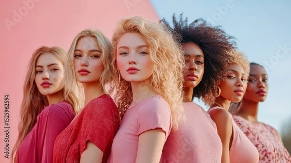 Obraz Diverse female models standing back to back, showcasing different ethnicities and body types in a powerful and inclusive pose, Generative AI