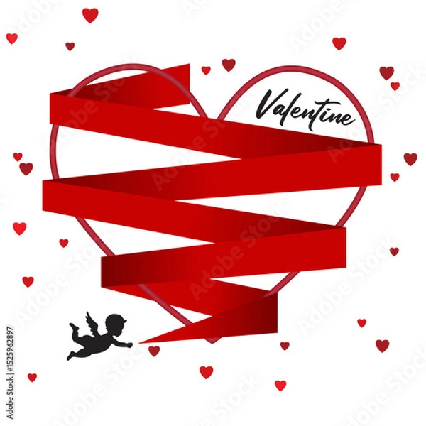 Obraz Cupids with red heart ribbons and happy valentines day Of love on white background, vector art and illustration