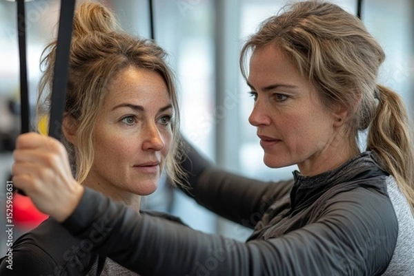 Obraz Trainer helping woman on her exercises routines, providing guidance and support to improve her technique and overall fitness, Generative AI