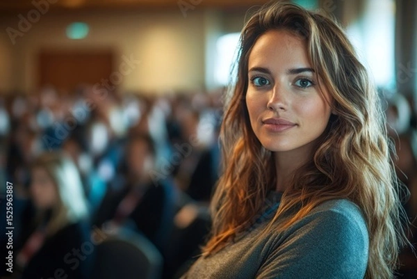Fototapeta Female professional addressing public in a convention, confidently sharing insights and expertise with an engaged audience during a speaking event, Generative AI