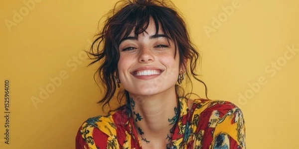 Obraz Cheerful hipster woman smiling in a studio, showcasing her unique and confident style in a fun and creative photo shoot, Generative AI