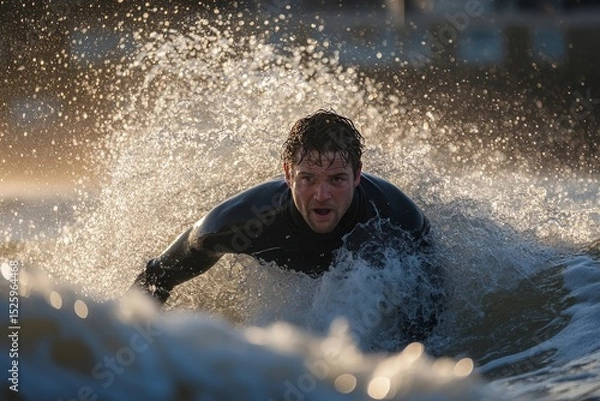 Obraz Surfer coming out of the sea, riding a wave with skill and exhilaration as he emerges from the water after a thrilling surf session, Generative AI