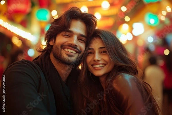 Obraz Young couple laughing and taking selfie in cafe, capturing joyful memories together while enjoying a coffee break in a lively atmosphere, Generative AI