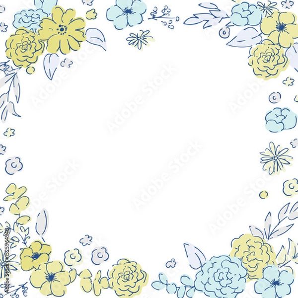 Obraz 線画の草木。ベクターで描いた草木の花束イラストフレーム。シンプル草木グラフィック。Line drawing grass and trees. Vector drawn grass and trees bouquet illustration frame. Simple grass and trees graphic.