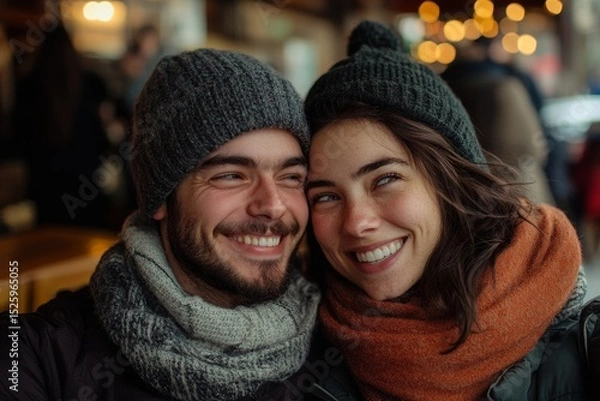 Obraz Young couple laughing and taking selfie in cafe, capturing joyful memories together while enjoying a coffee break in a lively atmosphere, Generative AI