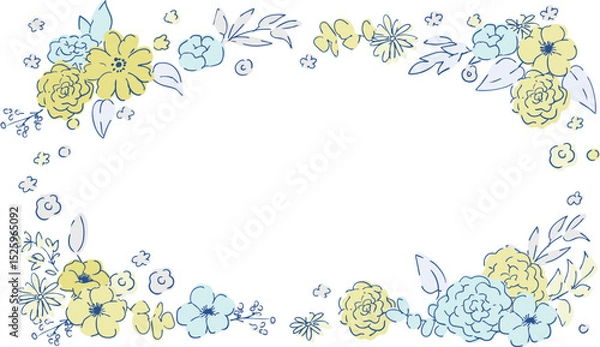 Obraz 線画の草木。ベクターで描いた草木の花束イラストフレーム。シンプル草木グラフィック。Line drawing grass and trees. Vector drawn grass and trees bouquet illustration frame. Simple grass and trees graphic.