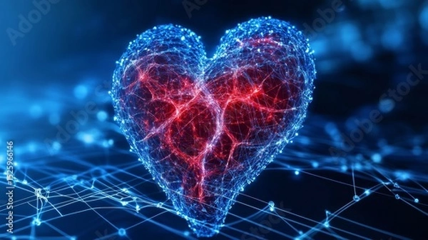 Fototapeta Abstract heart shape with glowing network connections, digital love concept