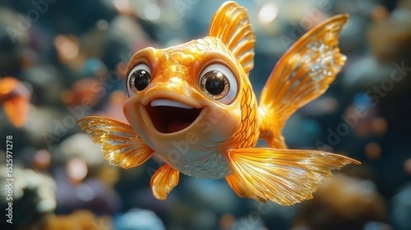 Fototapeta Cheerful cartoon goldfish in an aquarium setting
