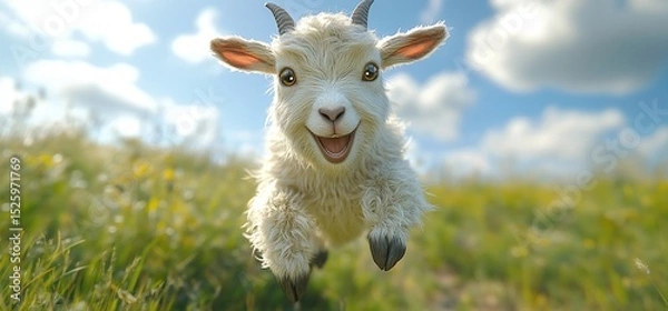 Fototapeta Adorable baby goat leaping in a field (1)
