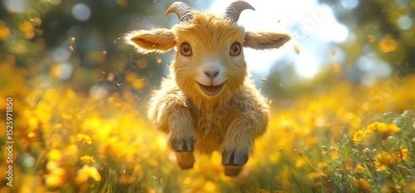 Fototapeta Adorable baby goat leaping through a field of flowers