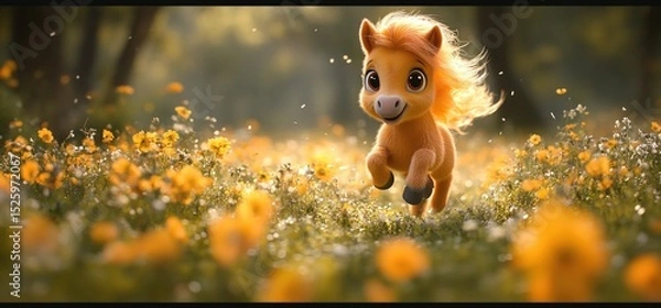 Fototapeta Adorable pony running through a field of wildflowers