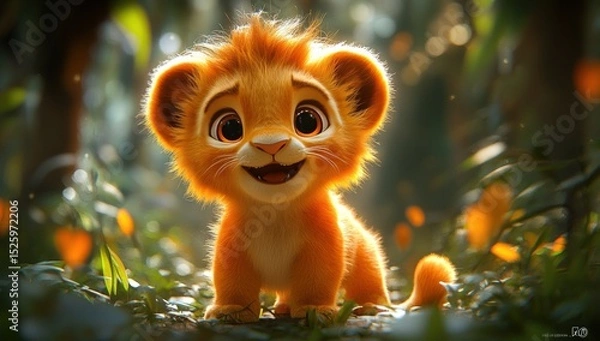 Fototapeta Adorable lion cub in jungle setting