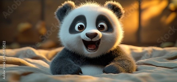 Fototapeta Adorable cartoon panda cub resting on a bed