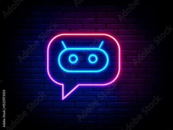 Obraz Neon robot icon with speech bubble in vibrant colors on brick wall.