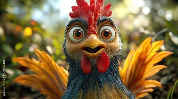 Fototapeta Animated rooster, surprised expression, lush background