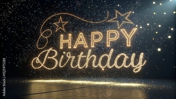 Fototapeta Happy Birthday message written on a chalkboard with business and education concept elements, Neon fonts